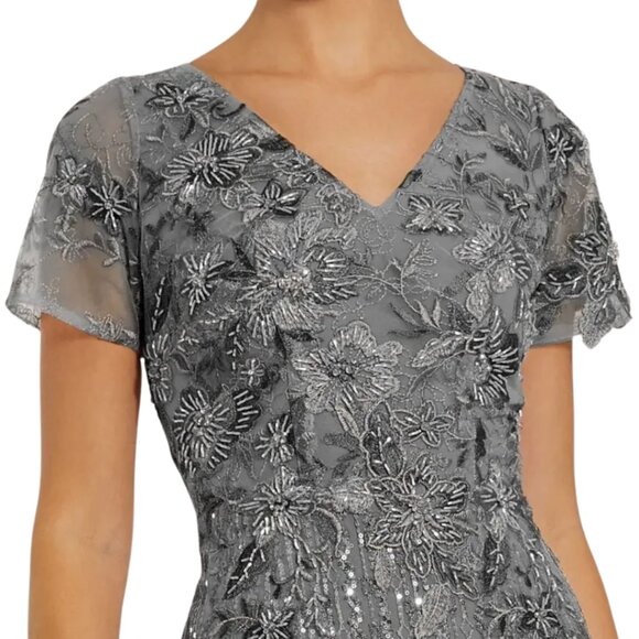 Mac Duggal 20282 Size 10 Gray Silver Beaded V-Neck Trumpet Gown Long Maxi Dress - Picture 4 of 5